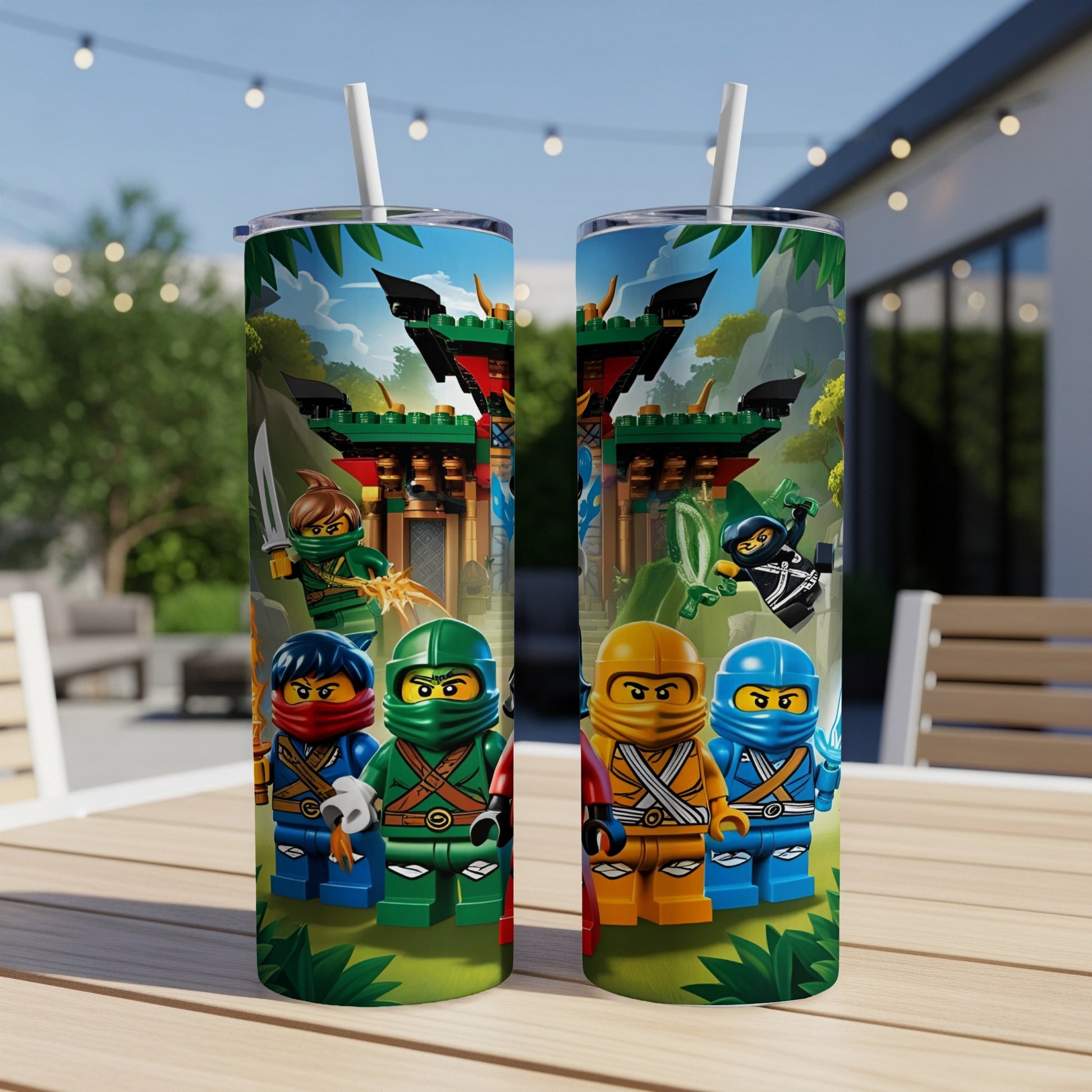 Two LEGO Ninjago tumblers with ninjas standing in front of a temple.