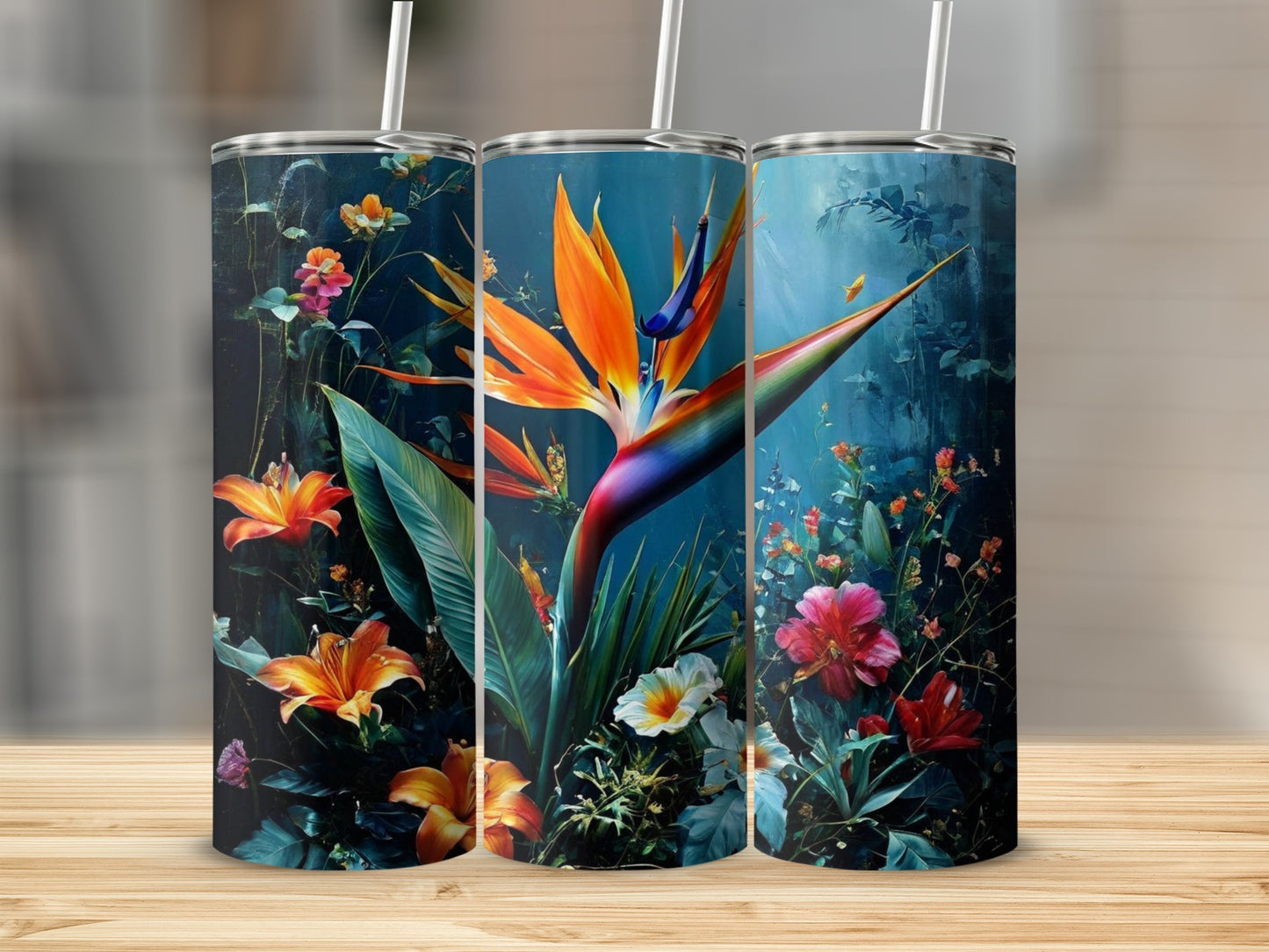 Three tumblers with vibrant tropical flowers and birds of paradise.