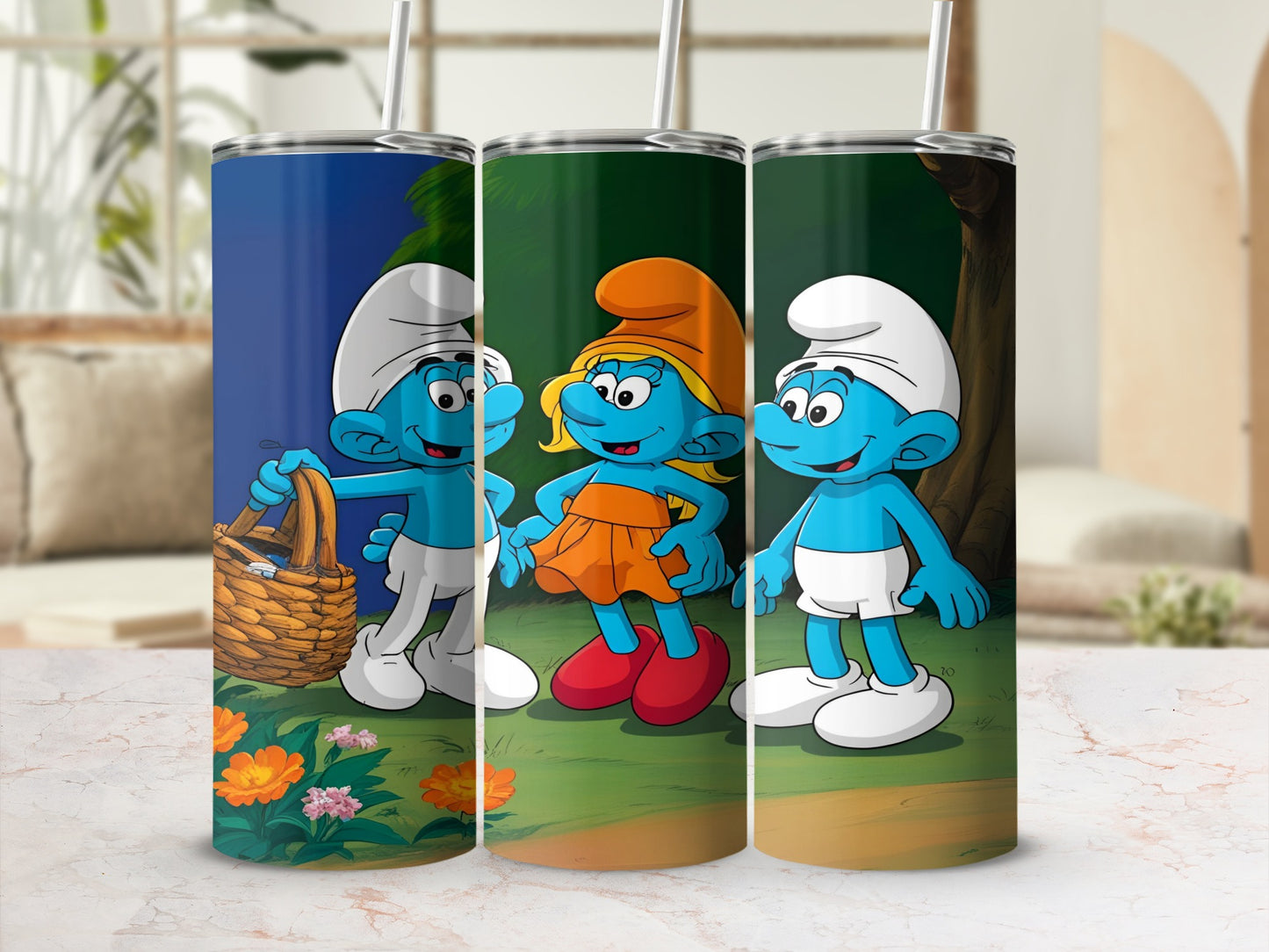 Three Smurfs in cartoon style on a tumbler, one holding a basket.