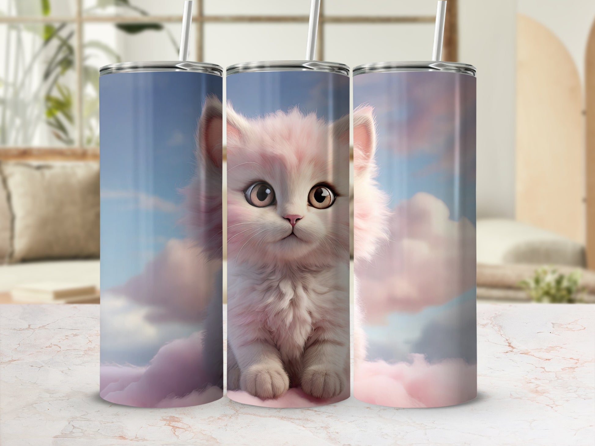 Pink fluffy kitten with big eyes on a tumbler with clouds.