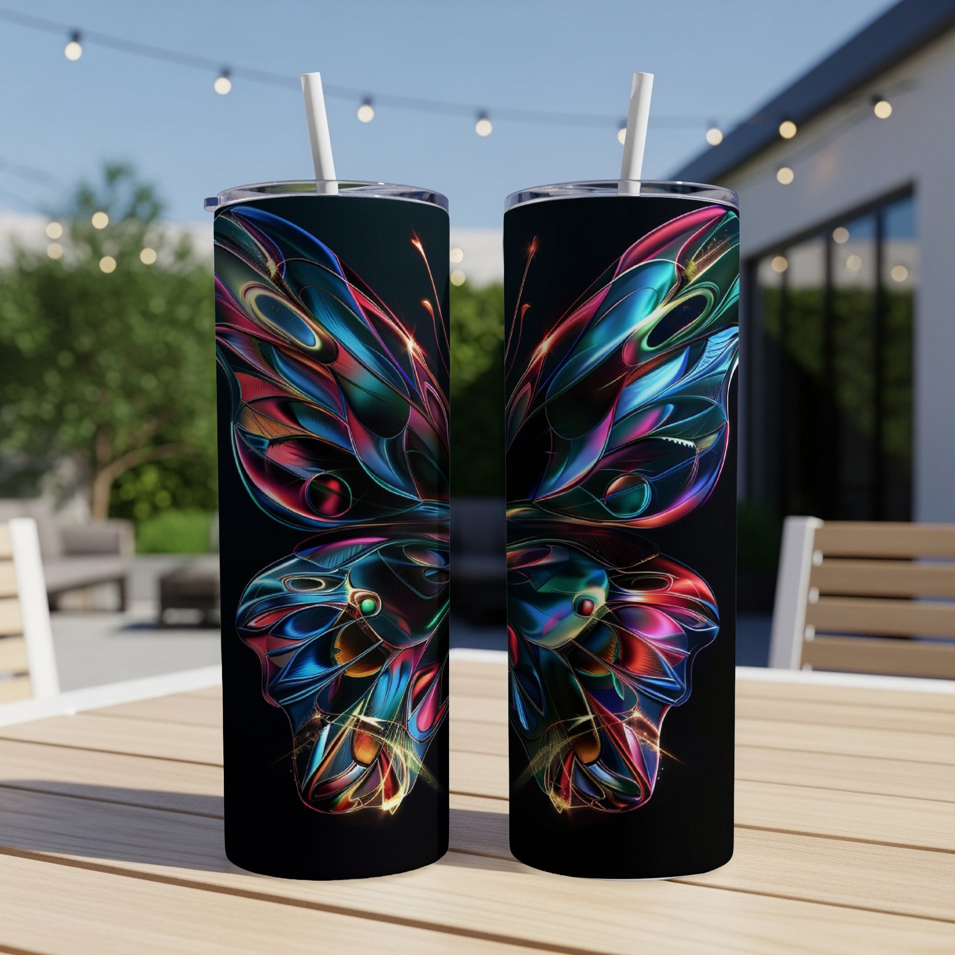 Two tumblers with a colorful, stained-glass butterfly design.