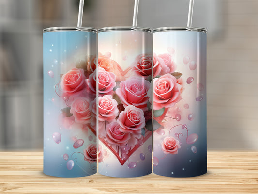 Romantic Rose Heart Design Tumbler with Straw