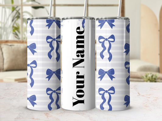 Customizable Blue Bow Patterned Tumbler for Personal Use
