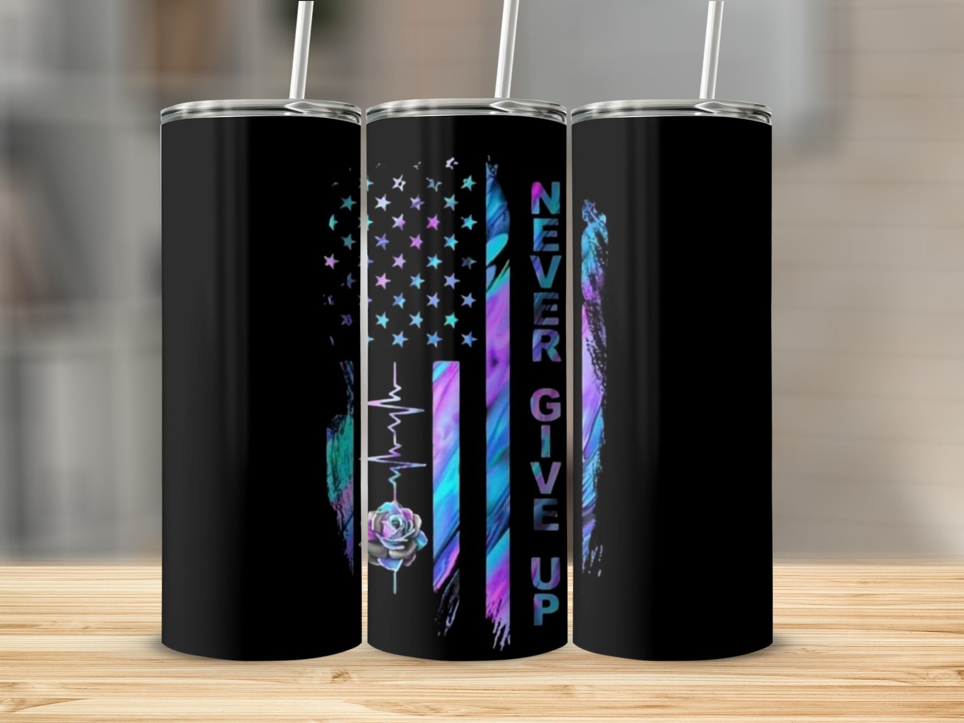 Never Give Up Stars and Rose Design Tumbler Product