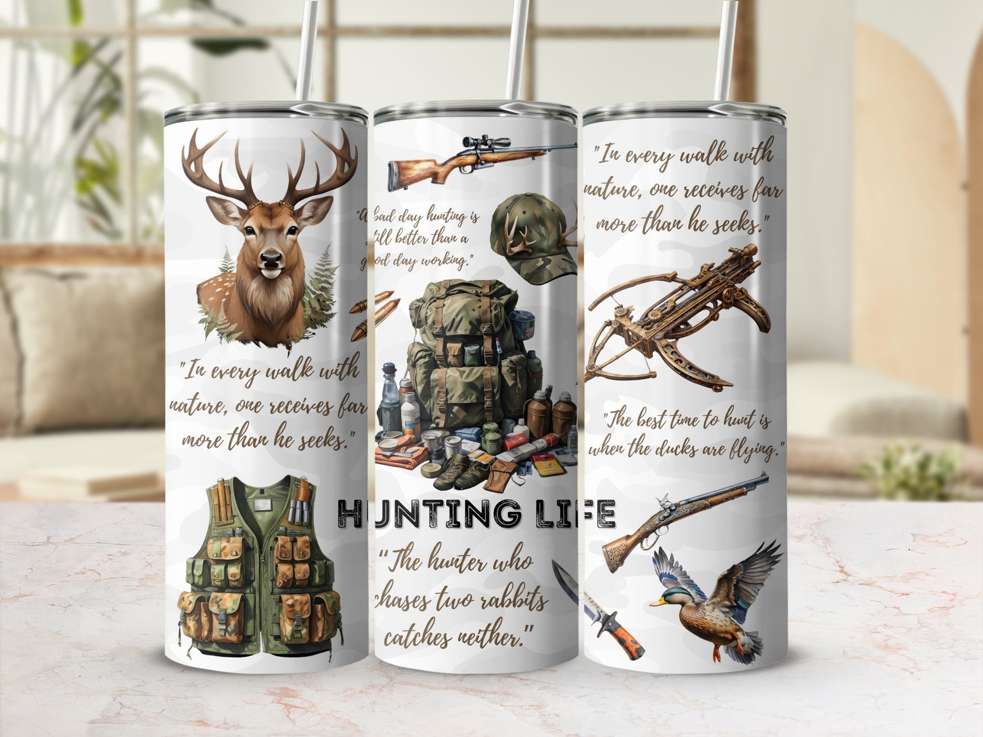 Hunting Life tumbler with rifle, duck, vest, and inspirational quotes.