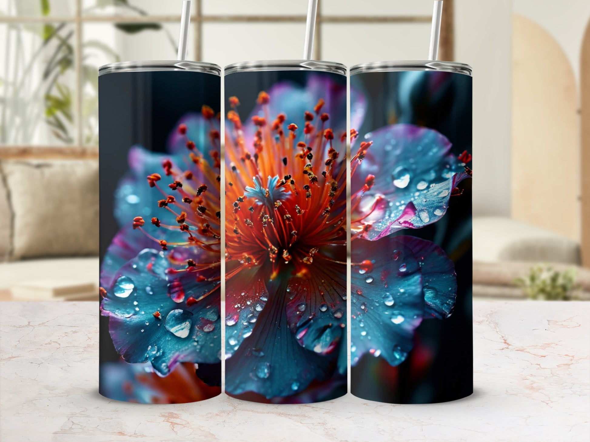 Three tumblers featuring a close-up of a dew-covered flower.