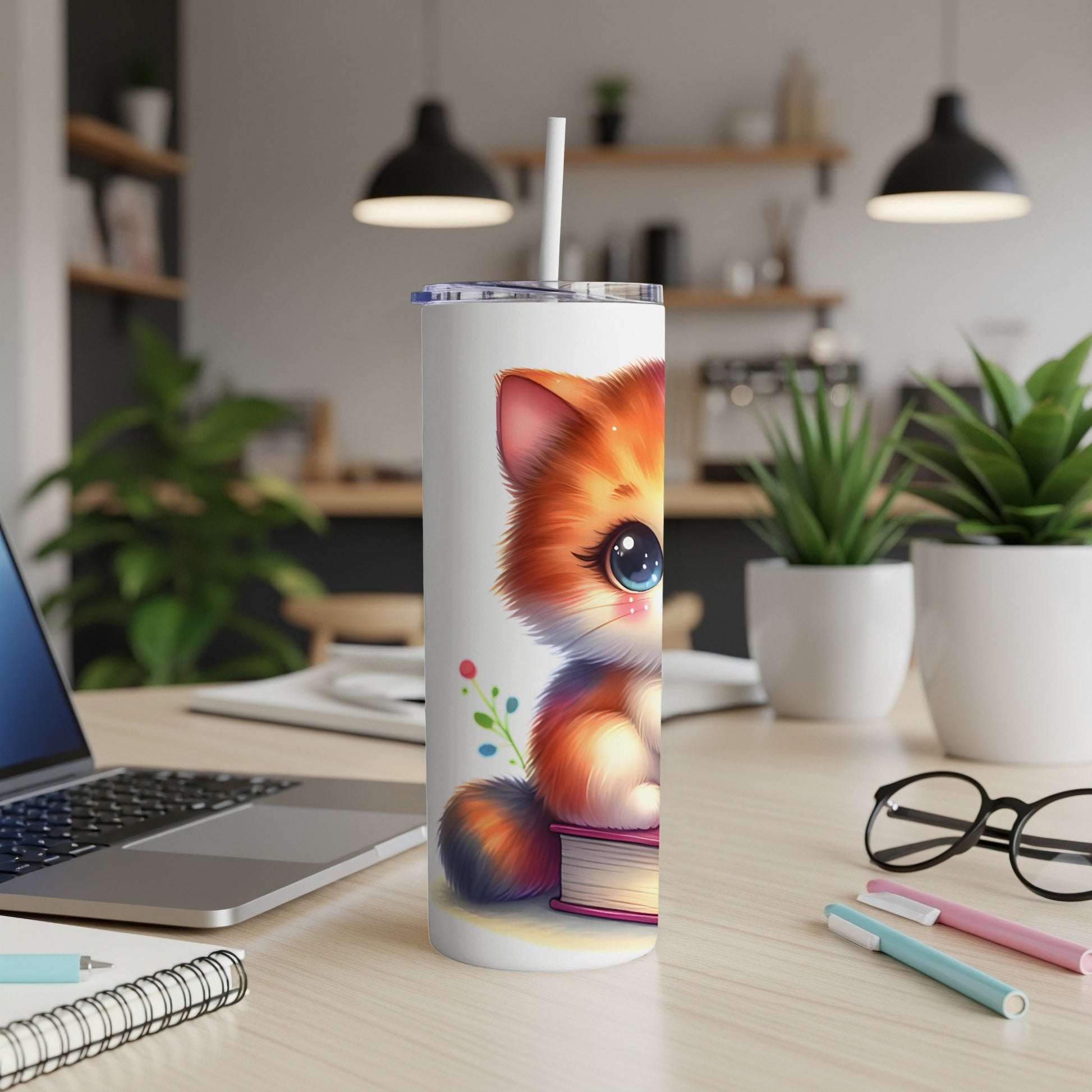 Cute cartoon cat with big eyes peeking over a book on a desk.
