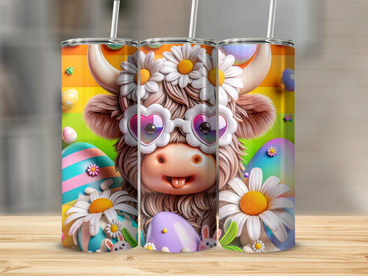 Cute cartoon cow with heart sunglasses and floral crown on Easter eggs.