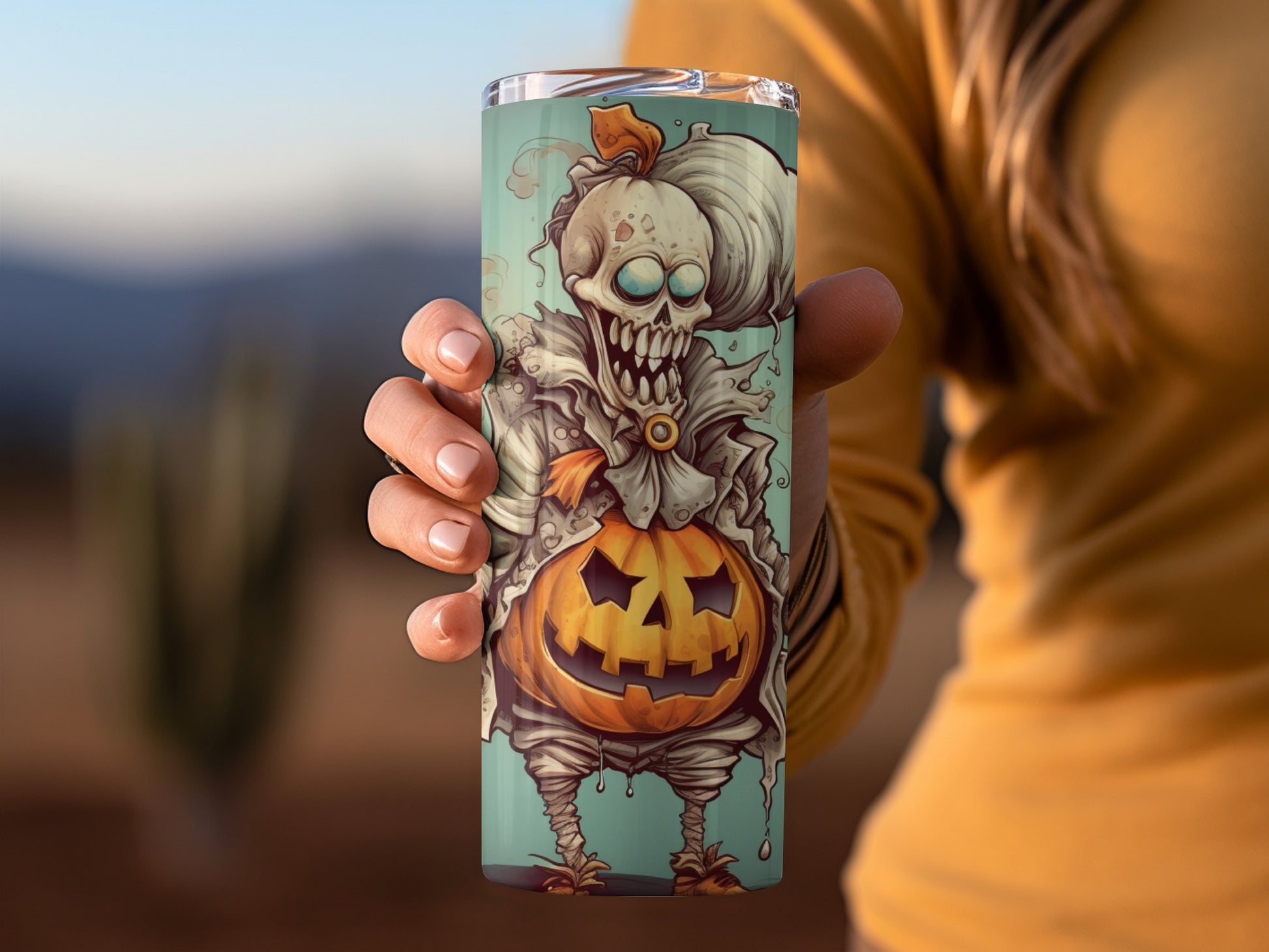 Creepy Pumpkin Skeleton Tumbler with Scary Clown Design