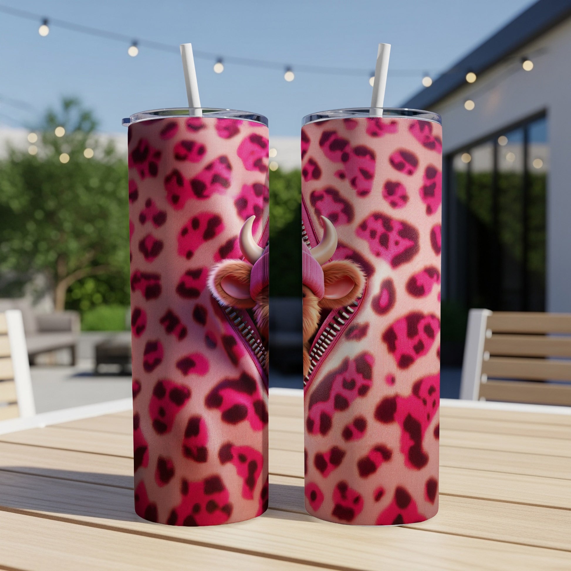 Pink leopard print tumbler with zipper revealing a cow face.