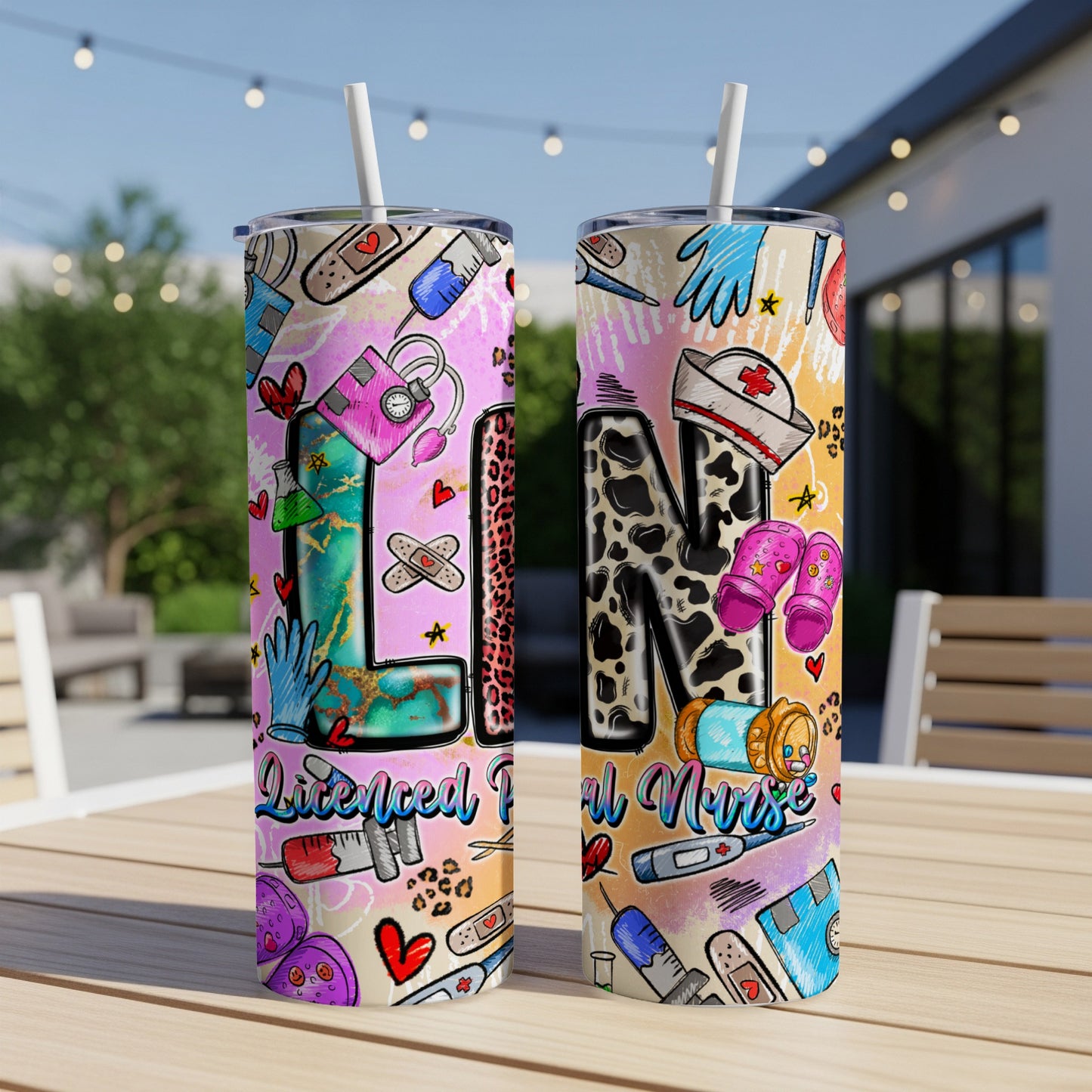 Two tumblers with medical-themed designs and text "Licensed Practical Nurse".