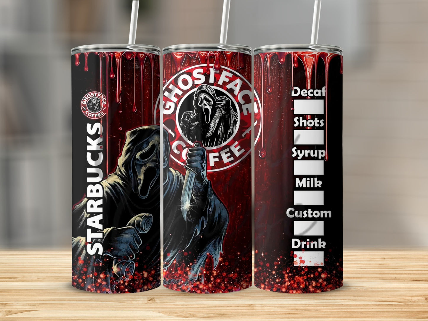 Ghostface holding a knife on a Starbucks-themed tumbler with drink customization options.