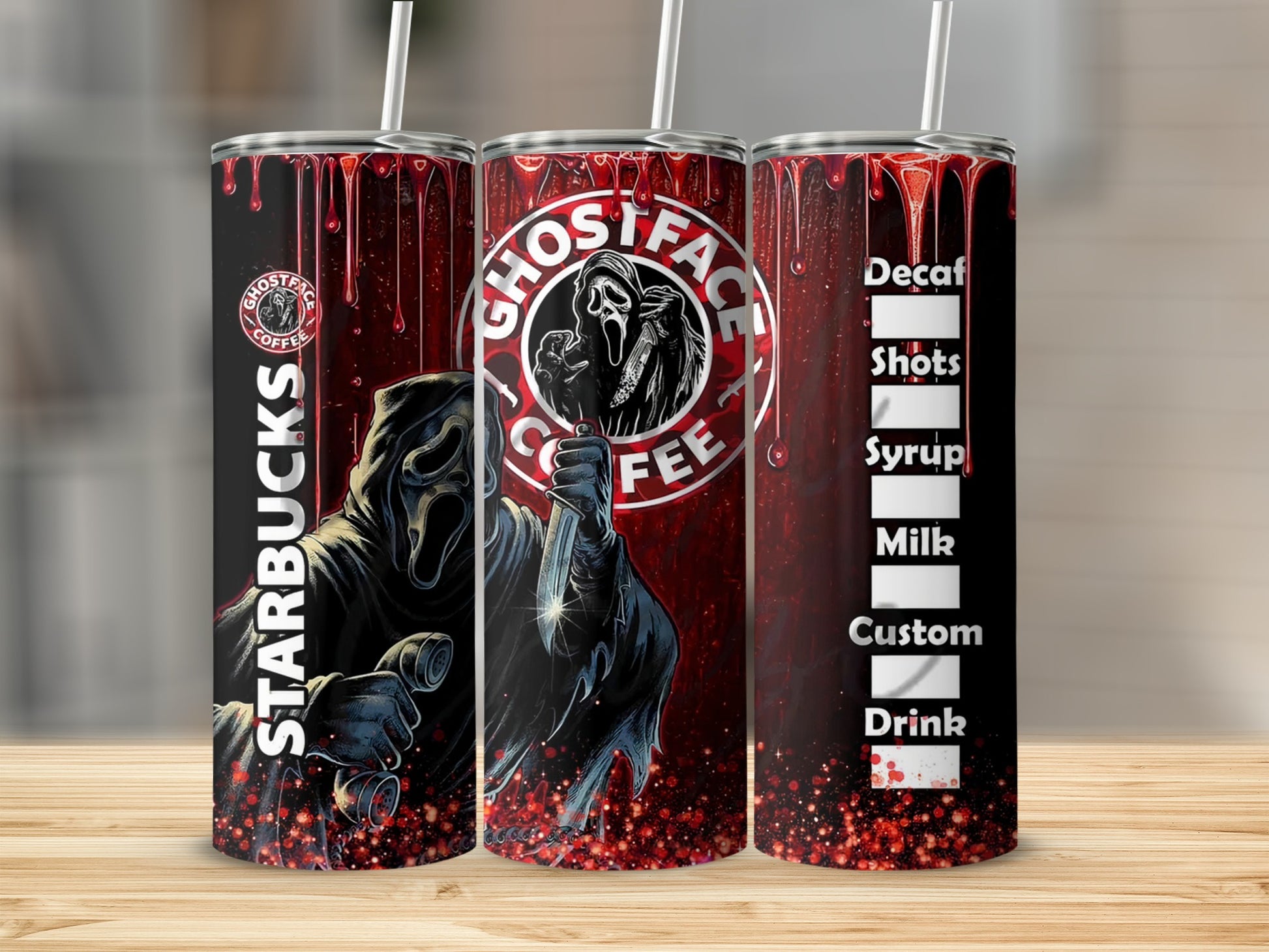 Ghostface holding a knife on a Starbucks-themed tumbler with drink customization options.