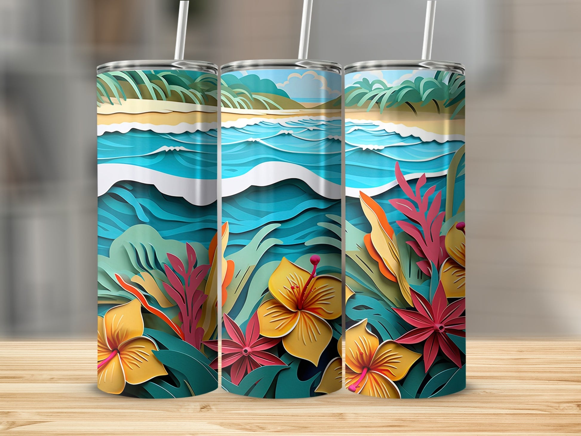 Ocean Waves and Tropical Flowers Tumbler product