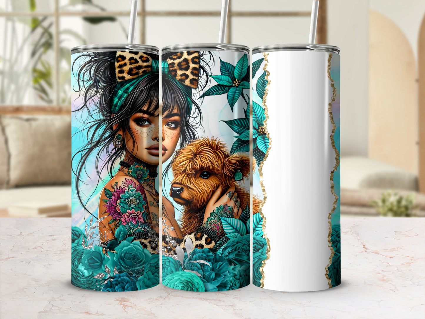 Tumbler with a cowgirl, Highland cow, and teal floral accents.