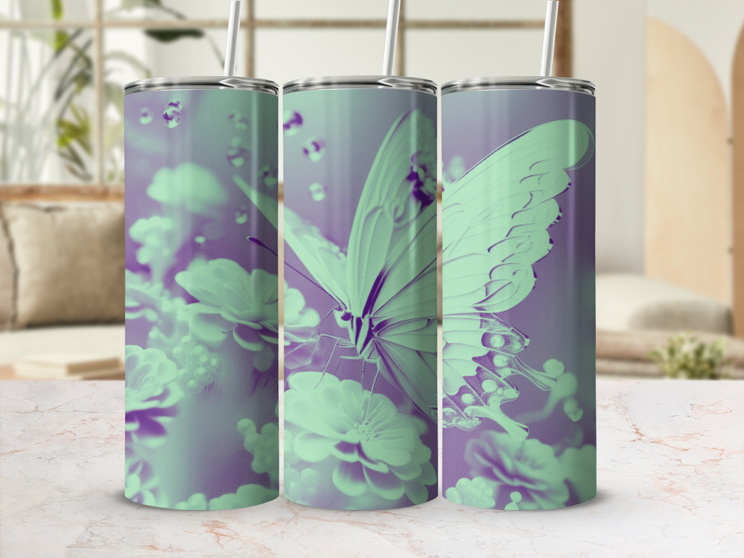 Purple and green butterfly on flowers, displayed on tumblers.