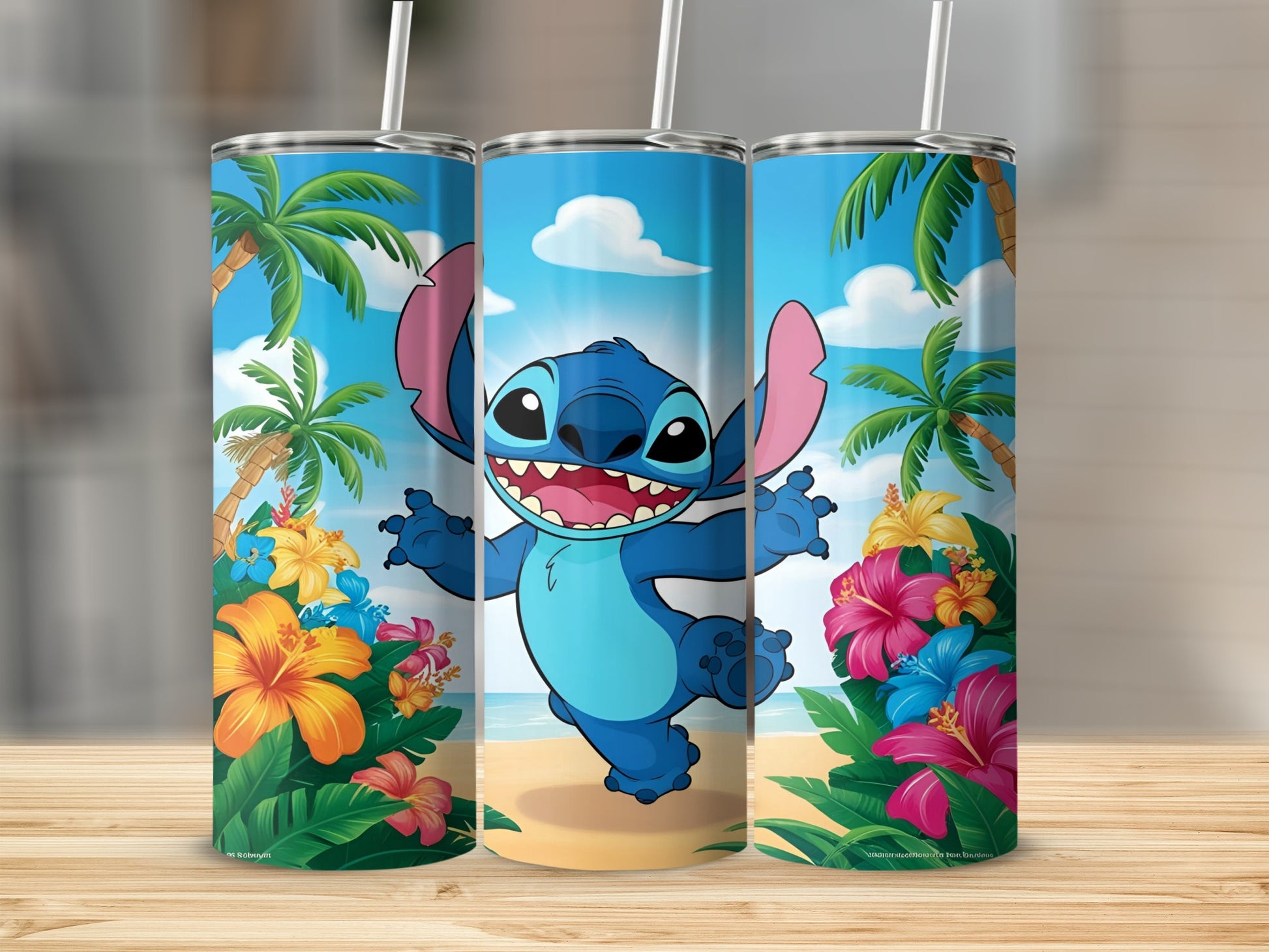 Stitch on a beach with hibiscus flowers and palm trees.