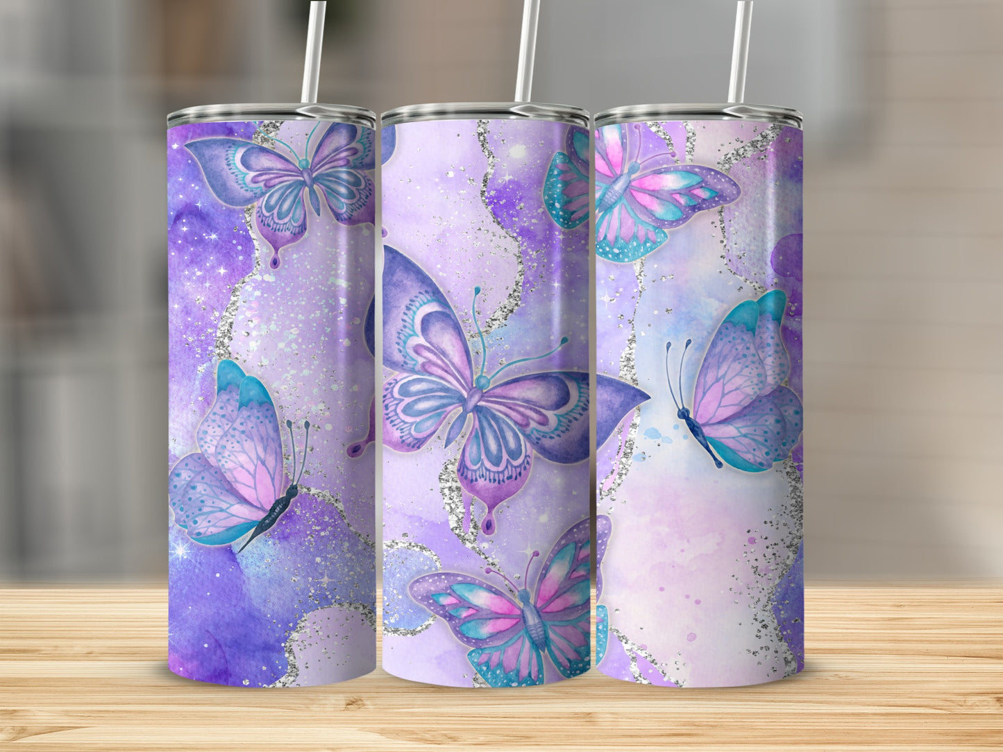 Elegant Purple and Blue Butterfly Design Tumbler Cup
