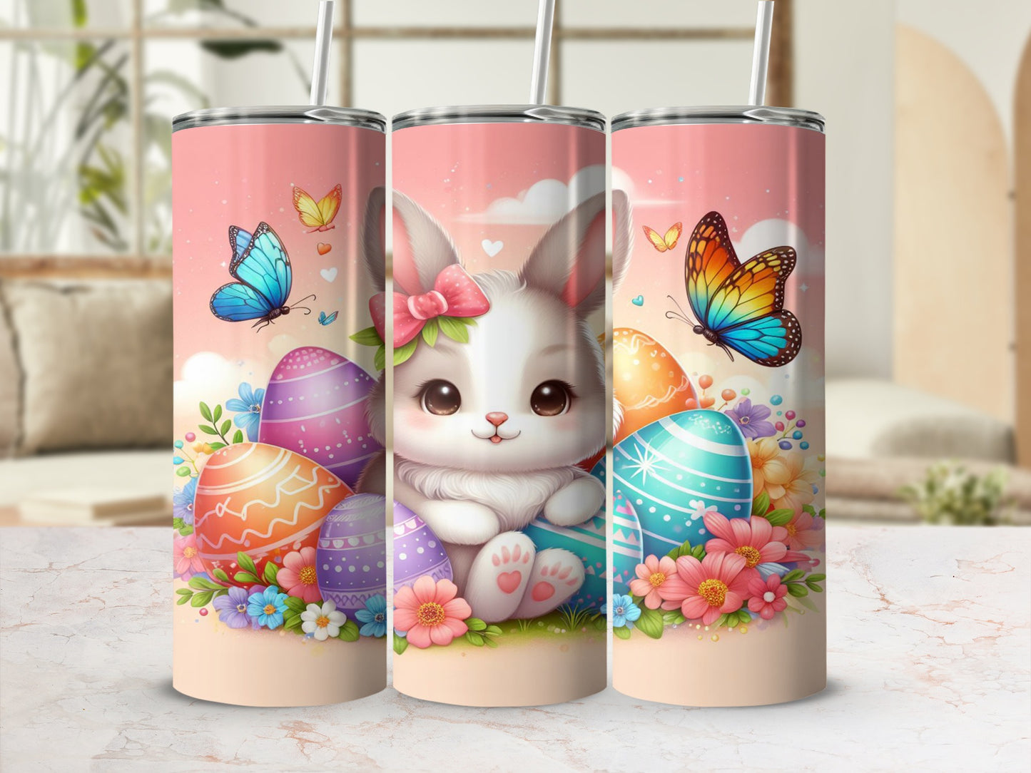 Easter bunny with colorful eggs and butterflies on a floral background.