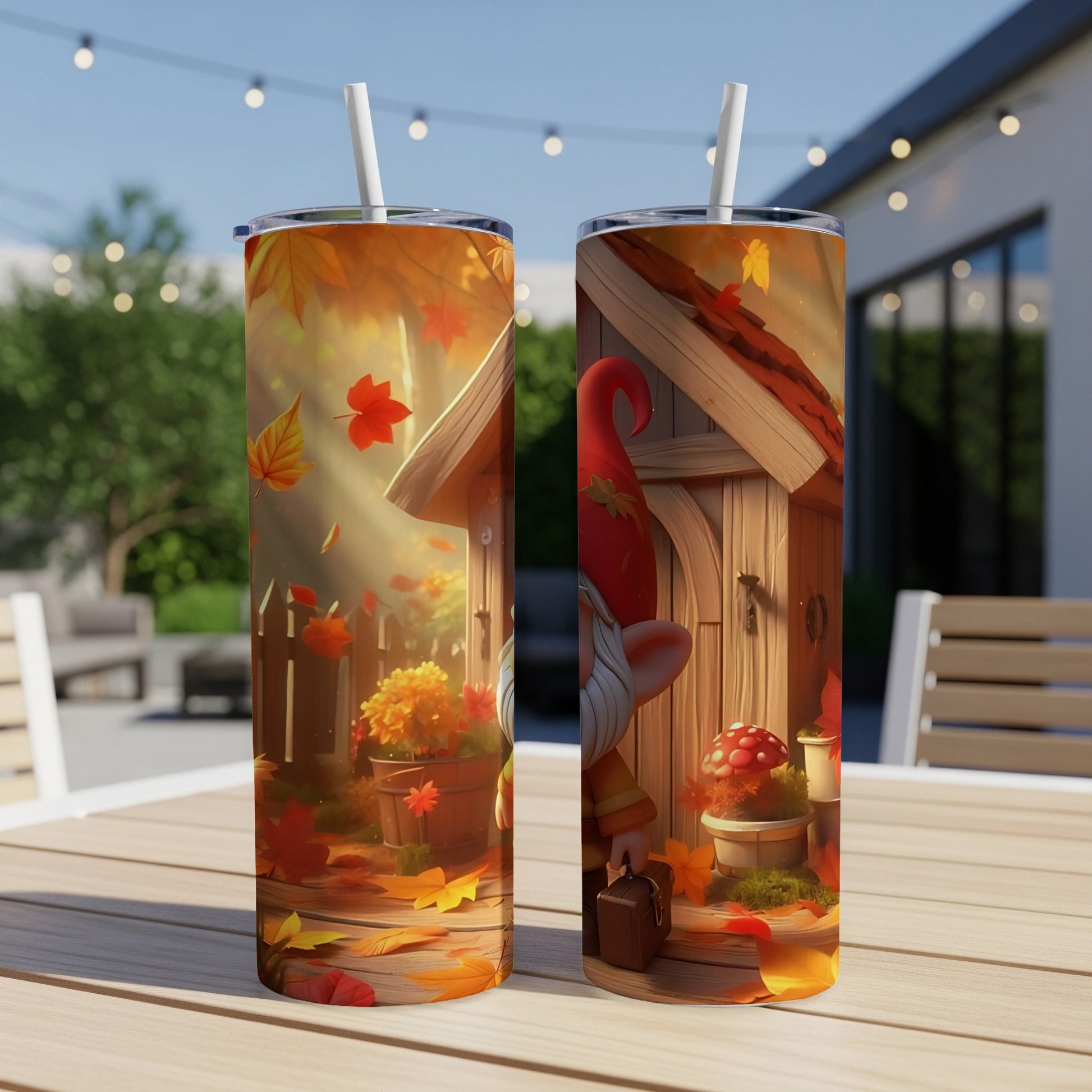 Two tumblers with a gnome and autumn leaves design on a wooden table.