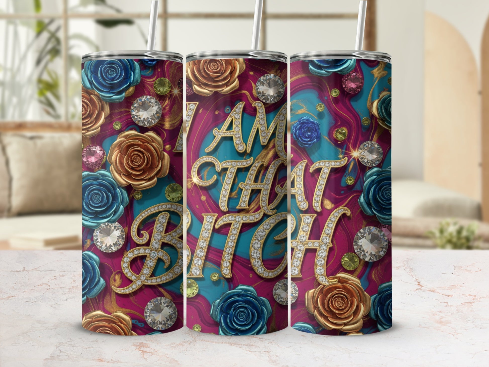 I Am That Bitch Floral Diamond Pattern Tumbler