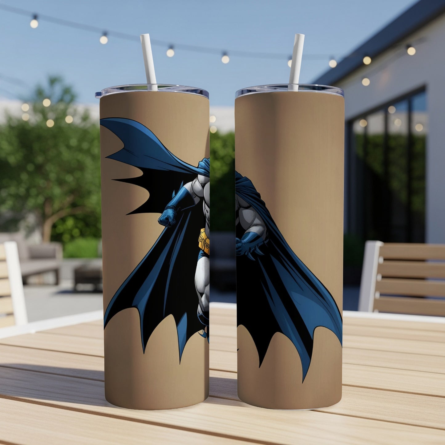 Batman illustration on a brown insulated tumbler with straws.