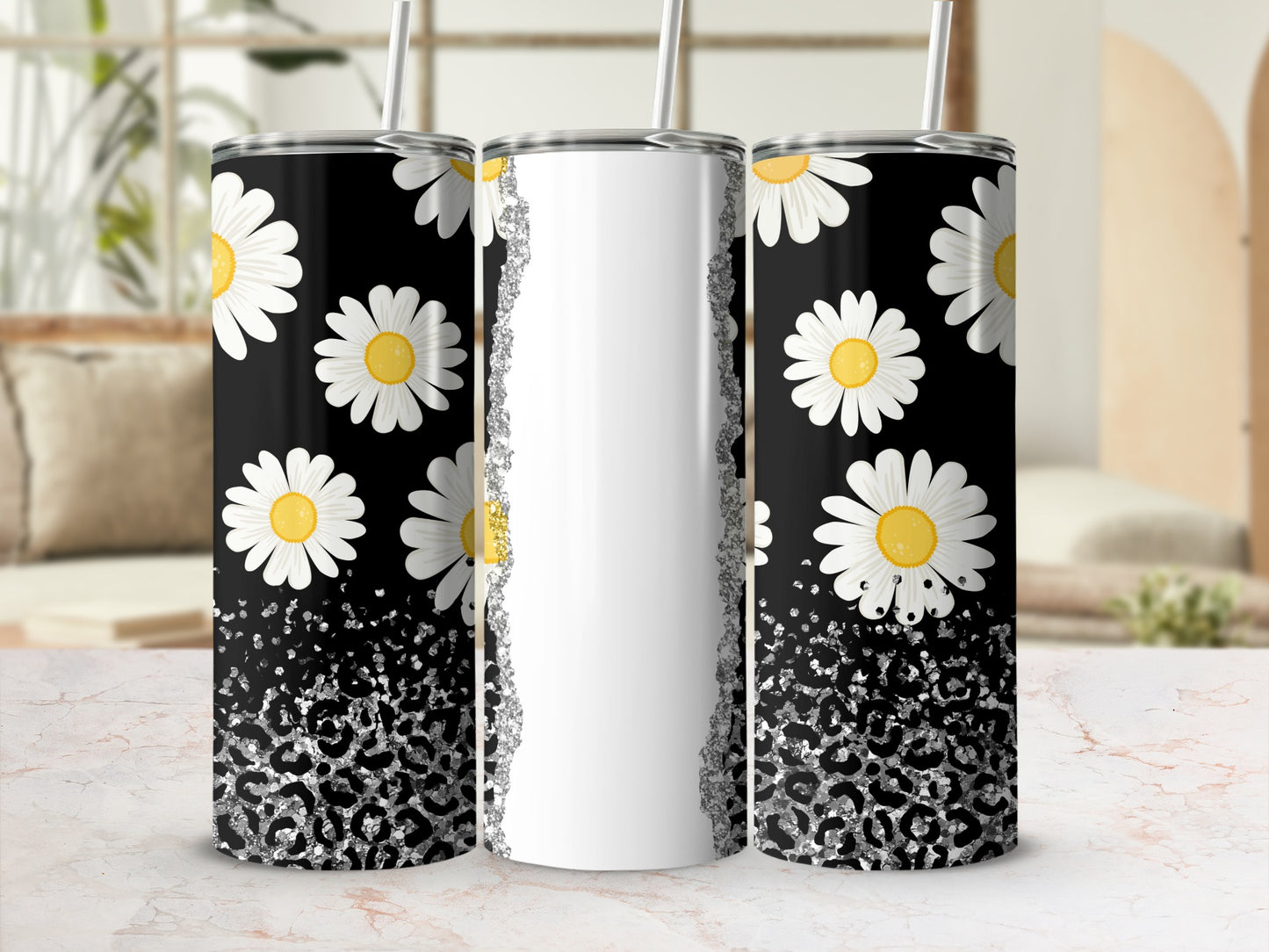 Black tumbler with daisies and silver leopard print accents.