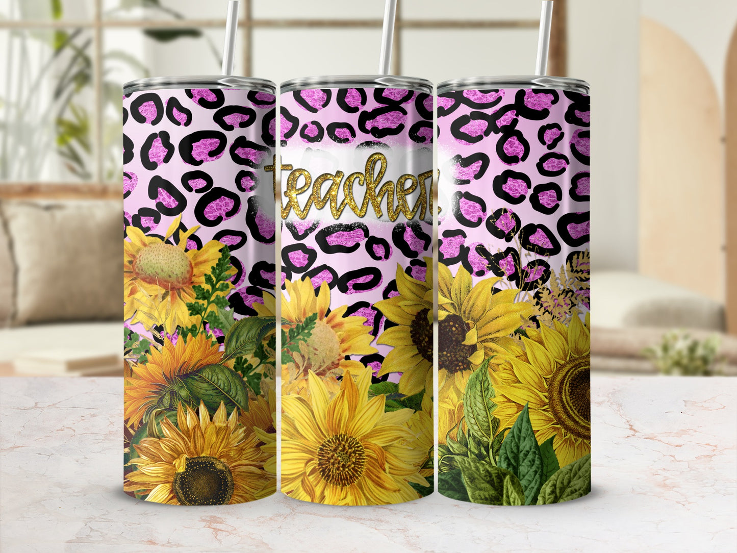 Teacher tumbler with sunflowers and pink leopard print design.