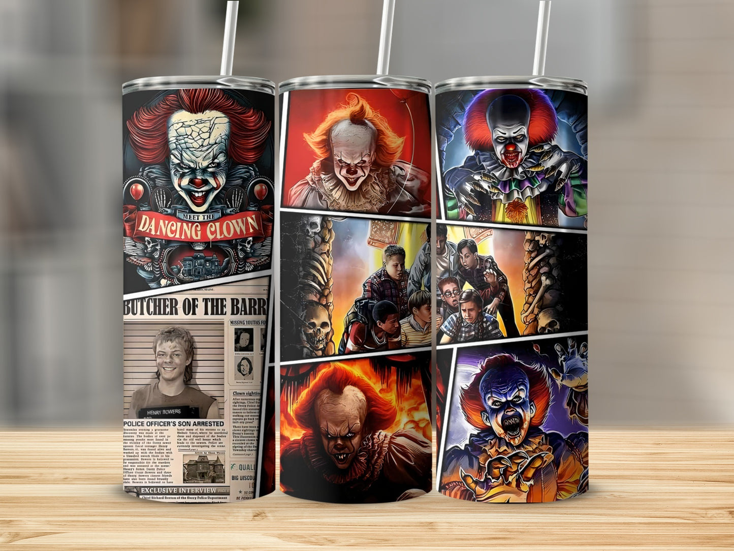 Three tumblers featuring Pennywise the Dancing Clown and other horror imagery.