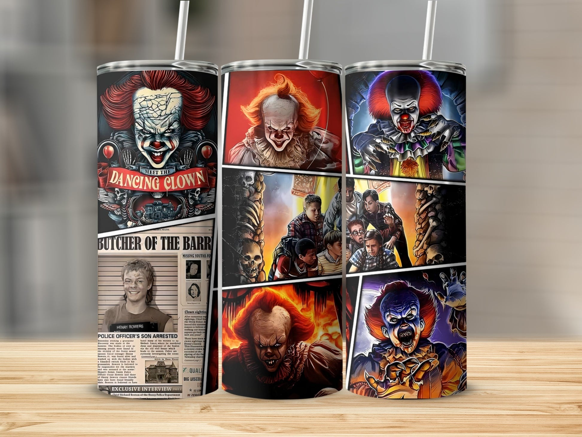 Three tumblers featuring Pennywise the Dancing Clown and other horror imagery.