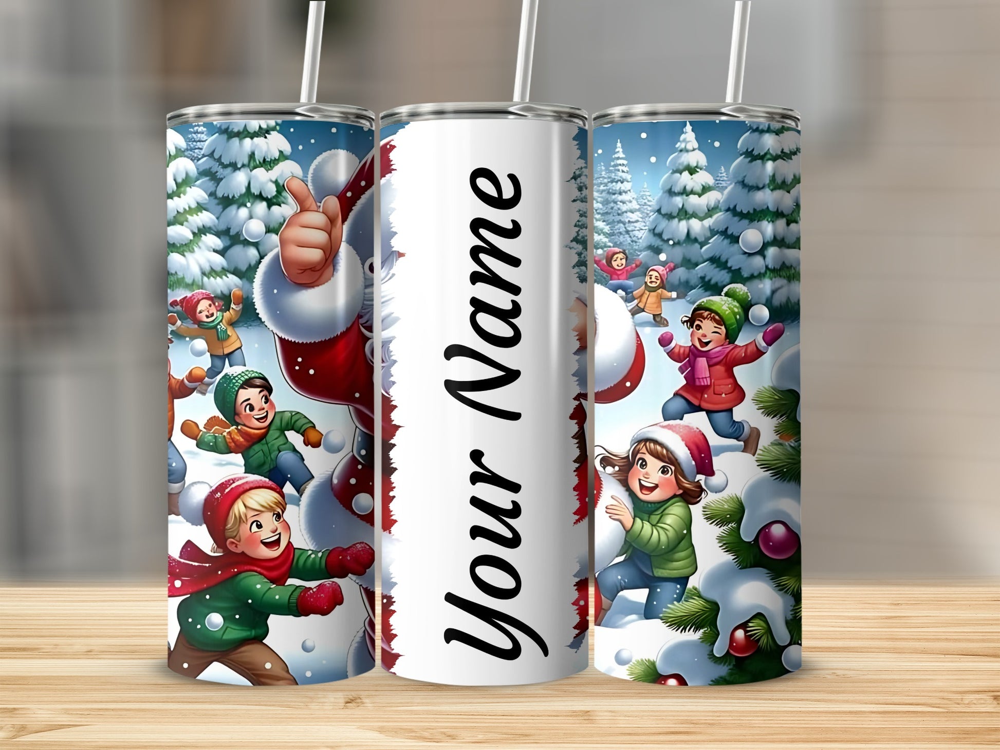 Customized Snowball Fight Tumbler with Kids Playing Scene