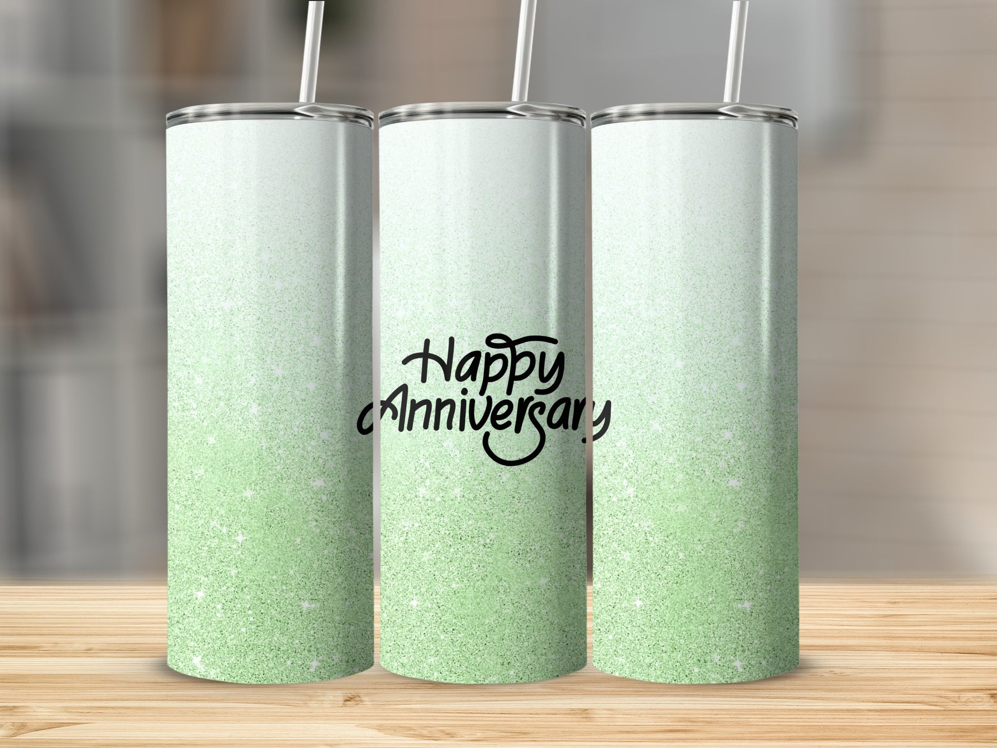 Three tumblers with green glitter gradient and "Happy Anniversary" text.
