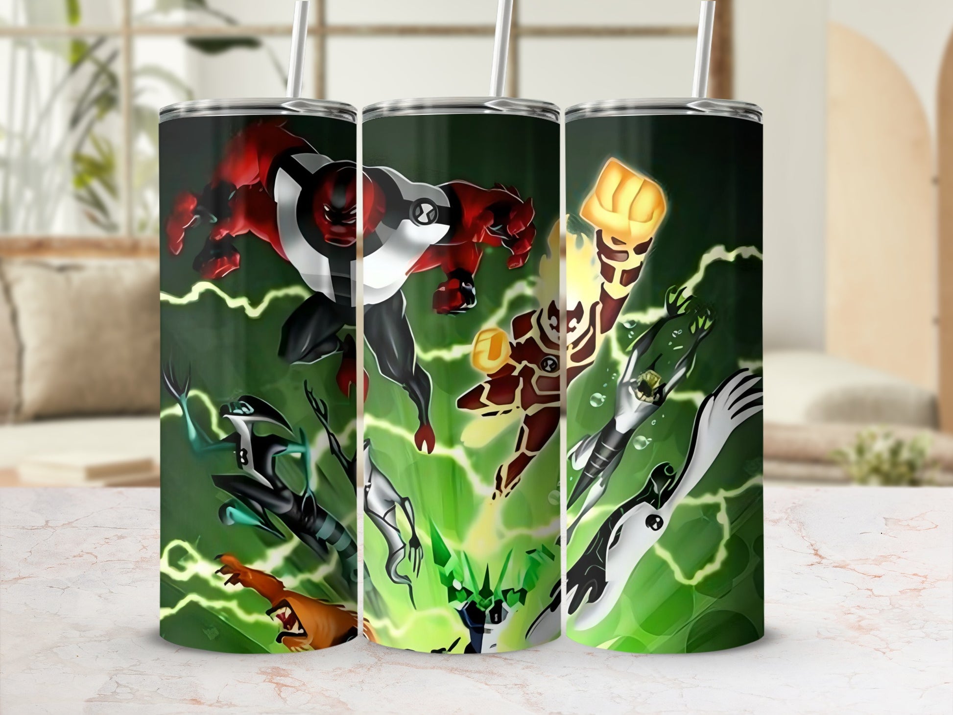 Animated Action Heroes Tumbler With Lid and Straw