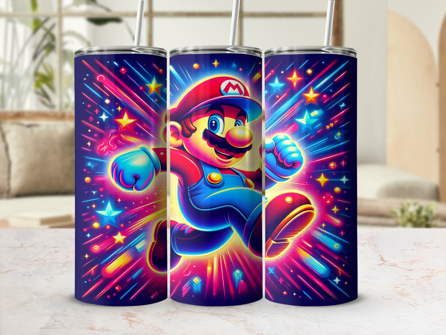 Super Mario running amidst colorful stars and light streaks on a tumbler.