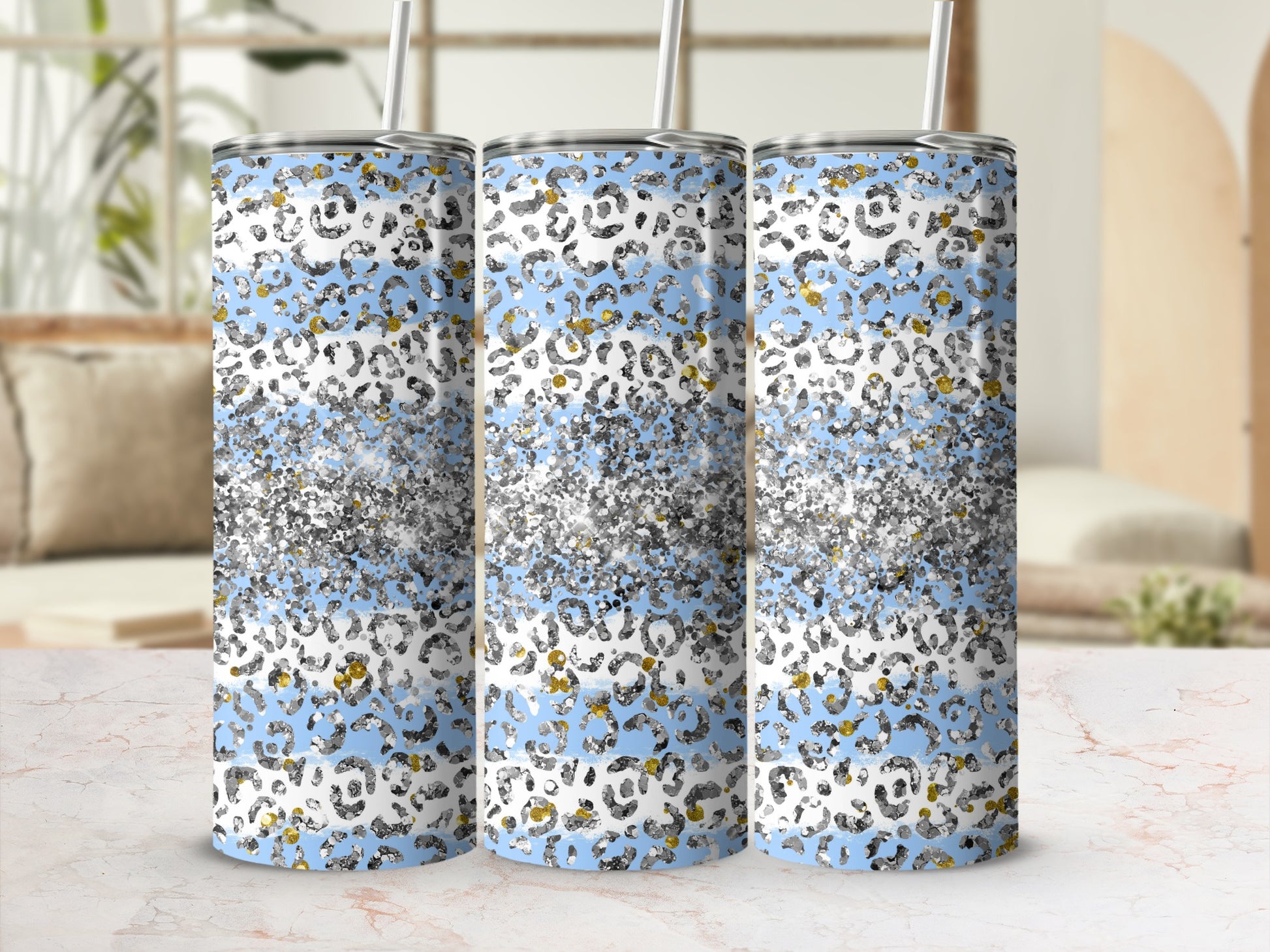 Blue and White Leopard Print Glitter Tumbler