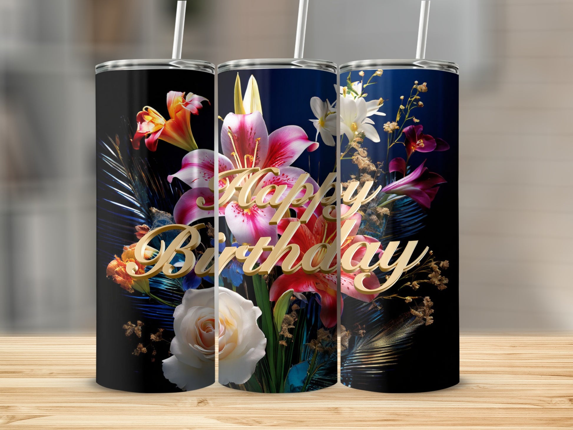 Three tumblers featuring a floral arrangement and "Happy Birthday" text.