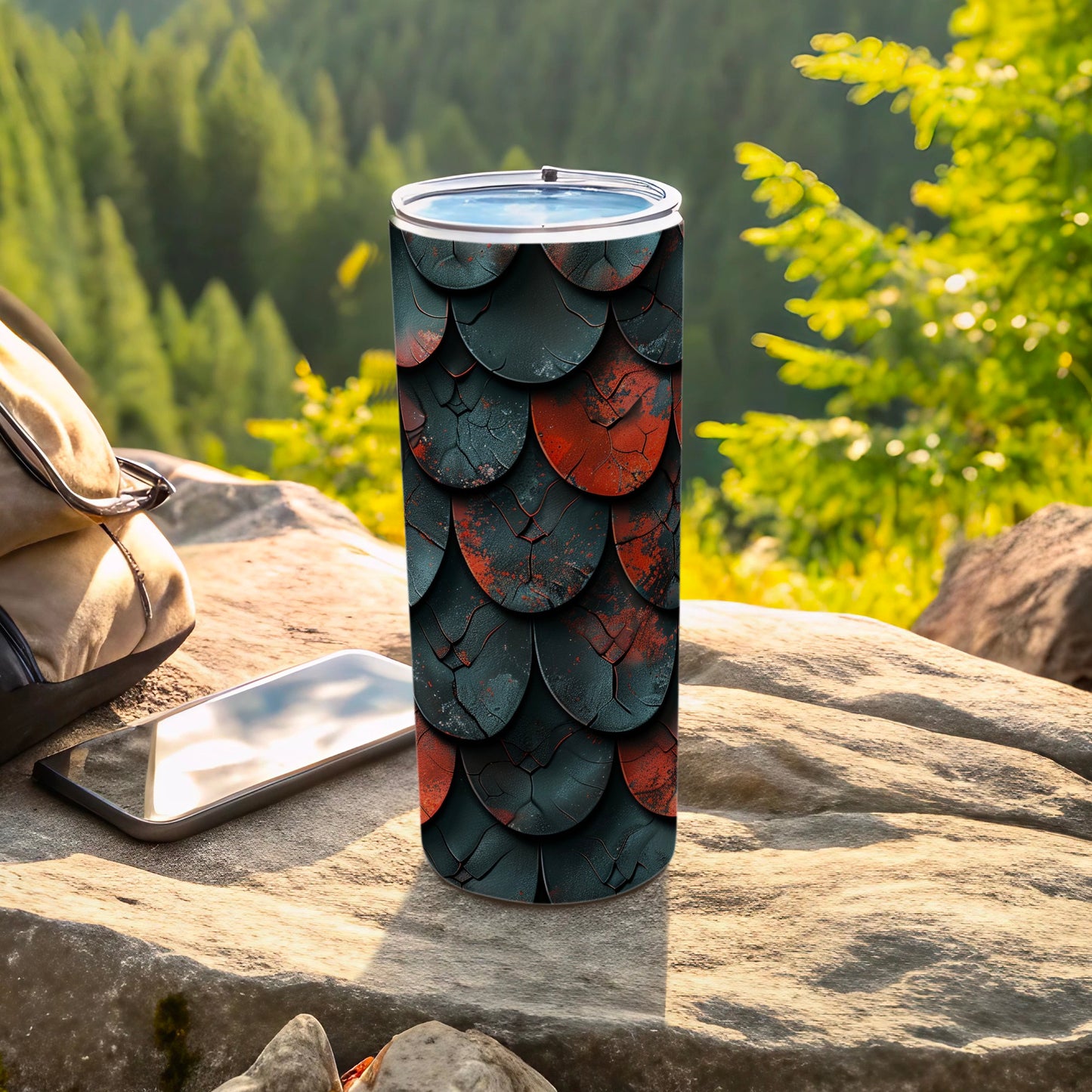 Distressed Dragon Scales Dark Red Pattern Tumbler product type
tumbler, travel tumbler, insulated tumbler, drinkware, beverage container, dragon scale, scale pattern, fantasy, mythical, dark aesthetic, red orange, cracked design, unique pattern, gift idea, outdoor gear, adventure, camping, hiking, grunge style, reptile pattern