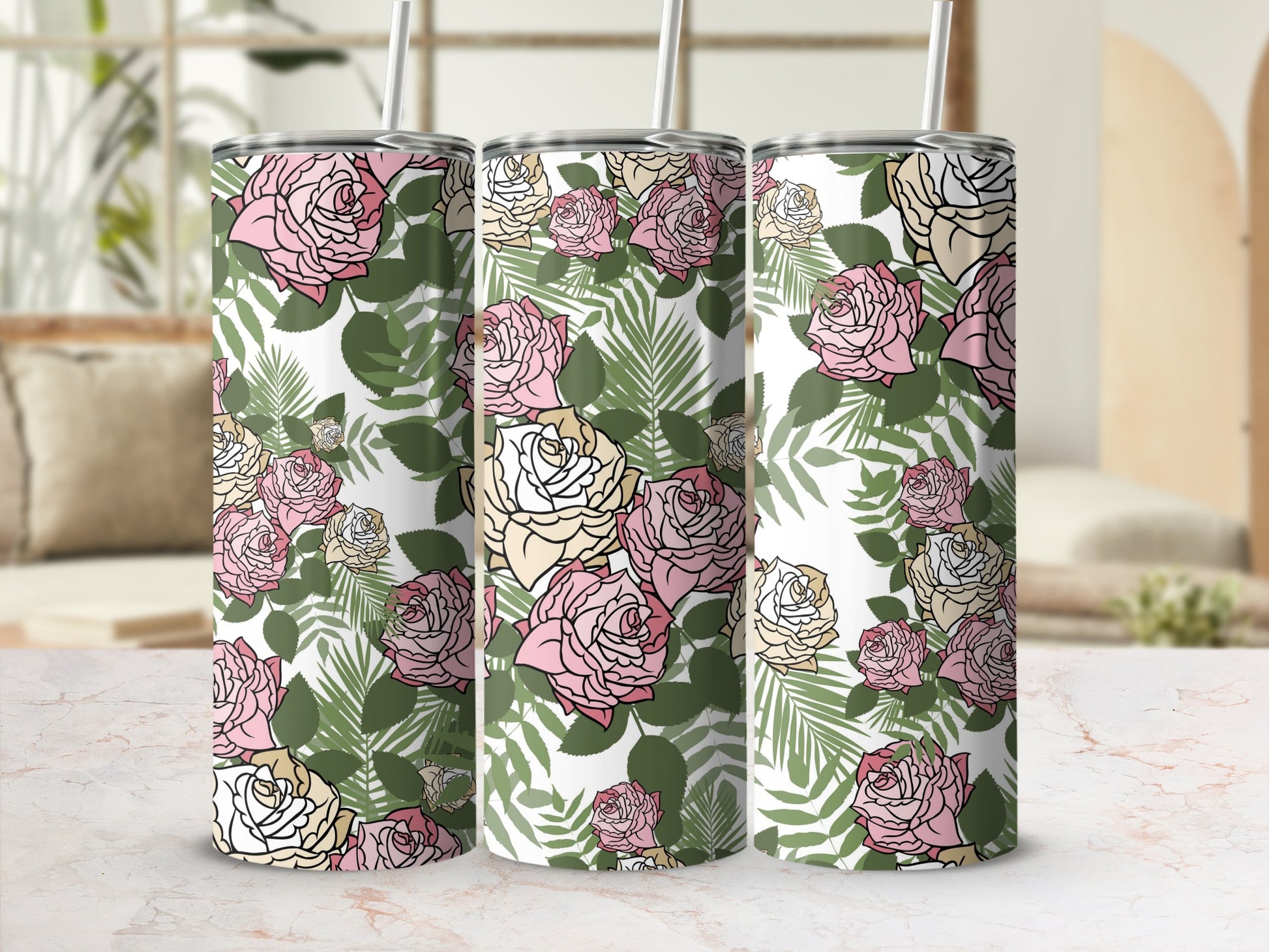 Three tumblers with a pink, yellow, and white rose and green leaf pattern.