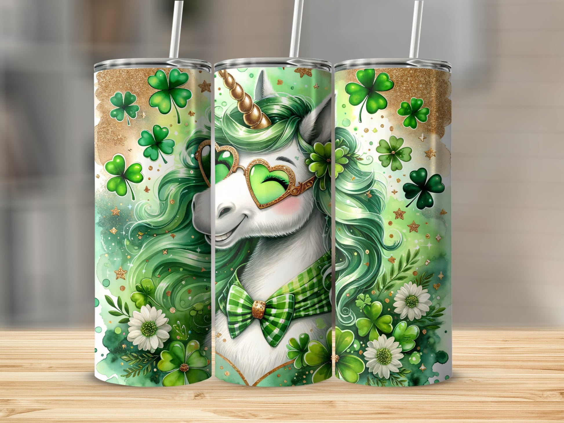 Unicorn wearing heart-shaped glasses and a bowtie, decorated with shamrocks and glitter.