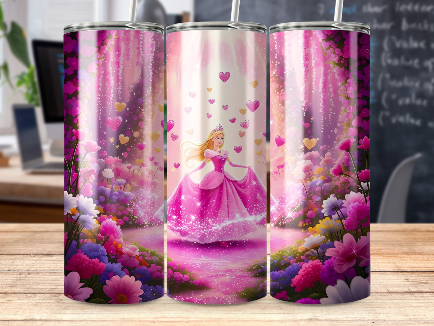 Princess at Garden with Hearts and Flowers Design Tumblers