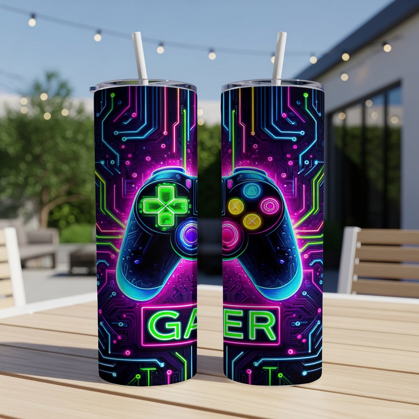 Glowing neon circuit board pattern with a video game controller and the word "GAMER".