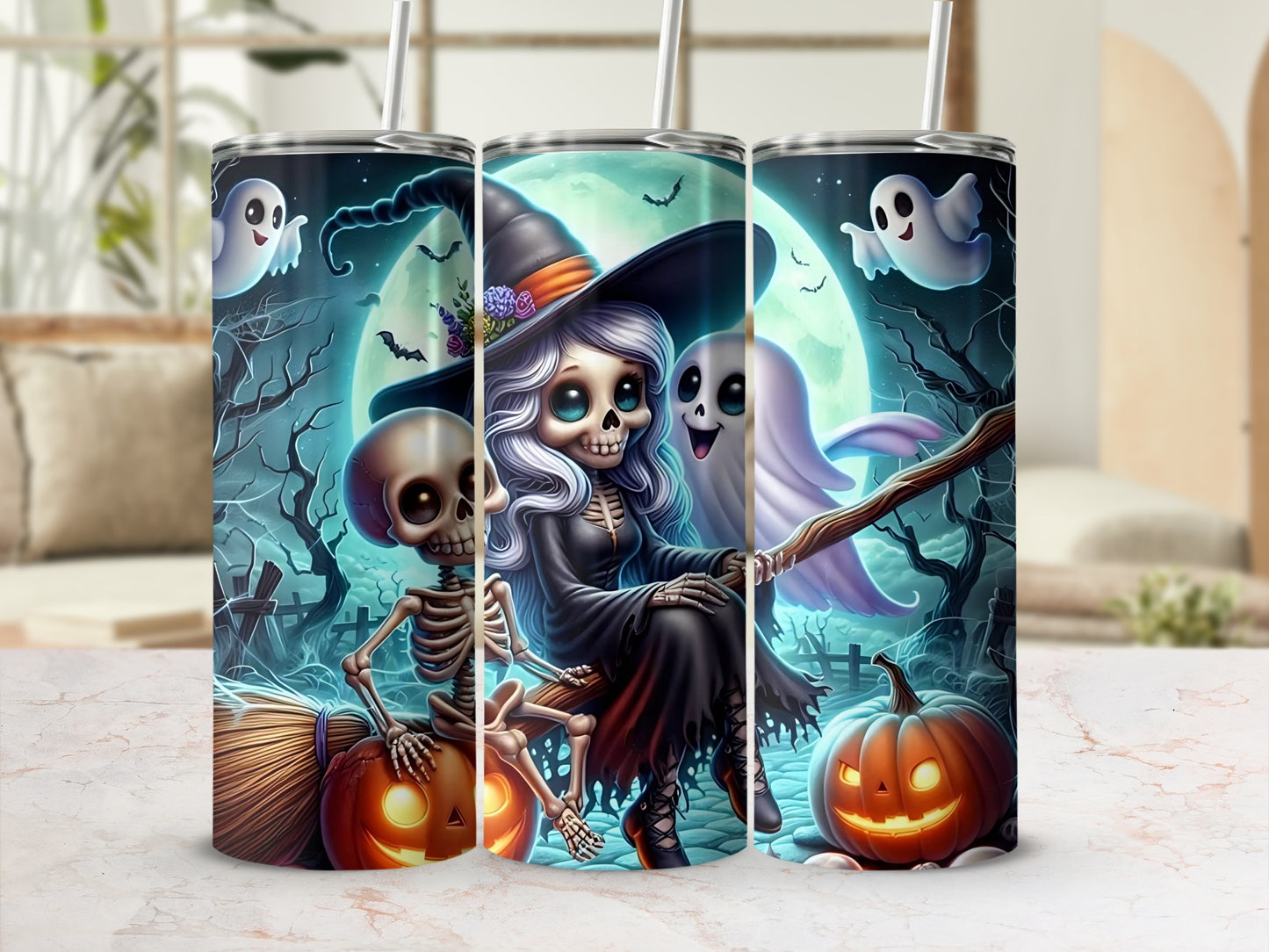 Halloween tumblers with witch, skeleton, ghosts, pumpkins, and spooky trees design.