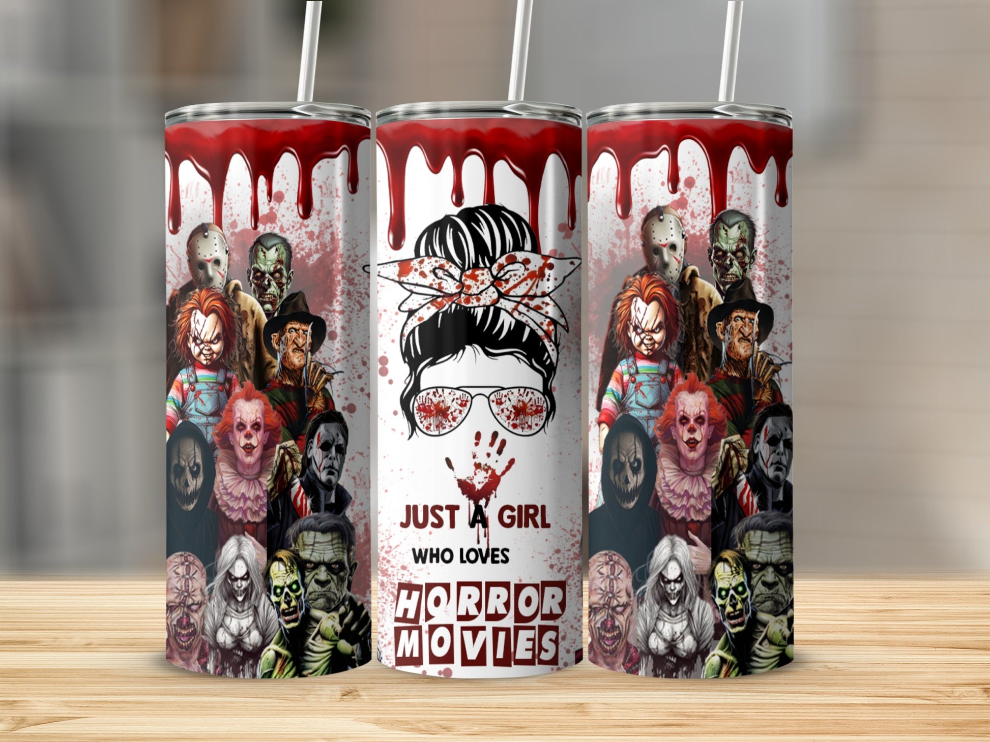 Tumbler with horror movie characters and text "Just a girl who loves horror movies."