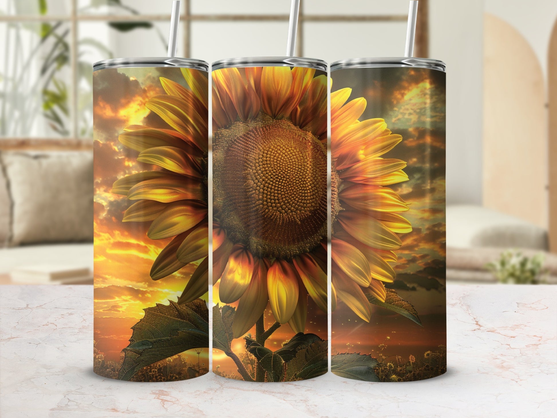 Sunflower tumbler with sunset background.