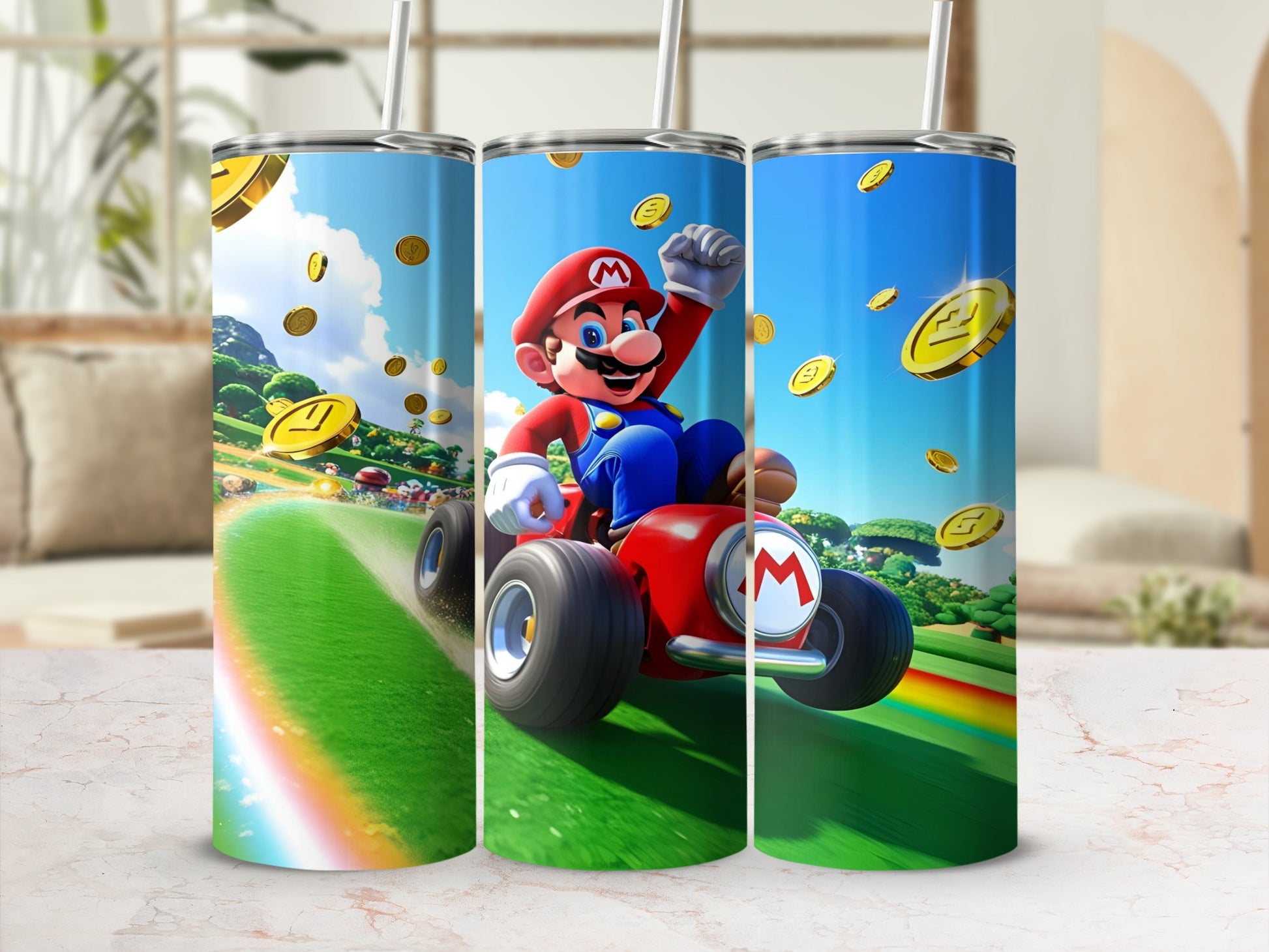 Mario Kart tumbler with Mario driving a red kart on a rainbow road.