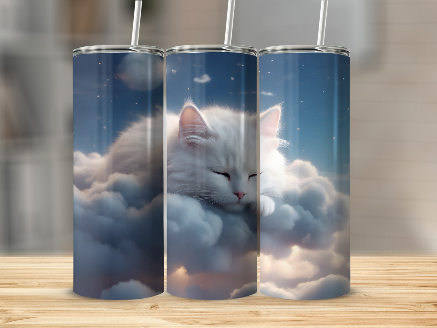 White cat sleeping on clouds under starry sky.