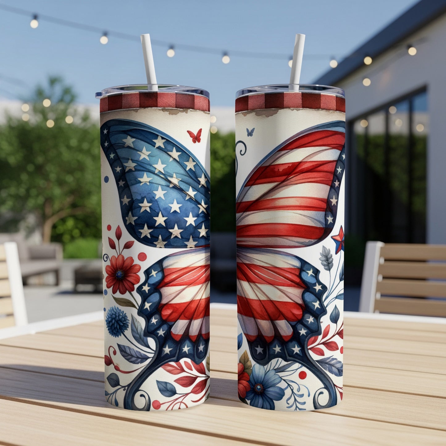 Two tall tumblers with butterfly wing designs featuring stars and stripes.