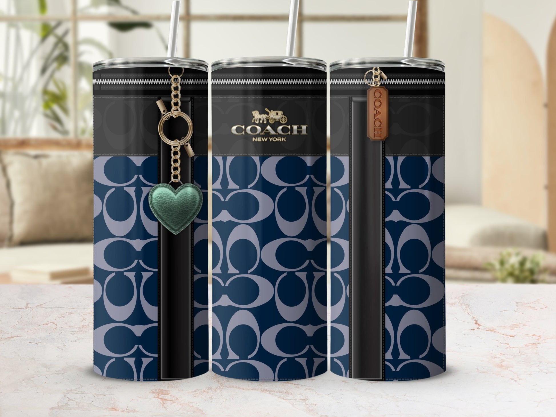 Stylish Coach Patterned Tumbler with Heart and Tag Charm