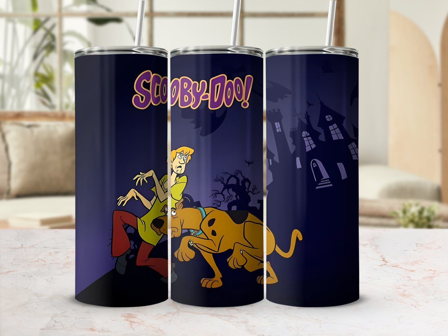 Scooby-Doo and Shaggy characters on a dark tumbler with a spooky castle background.