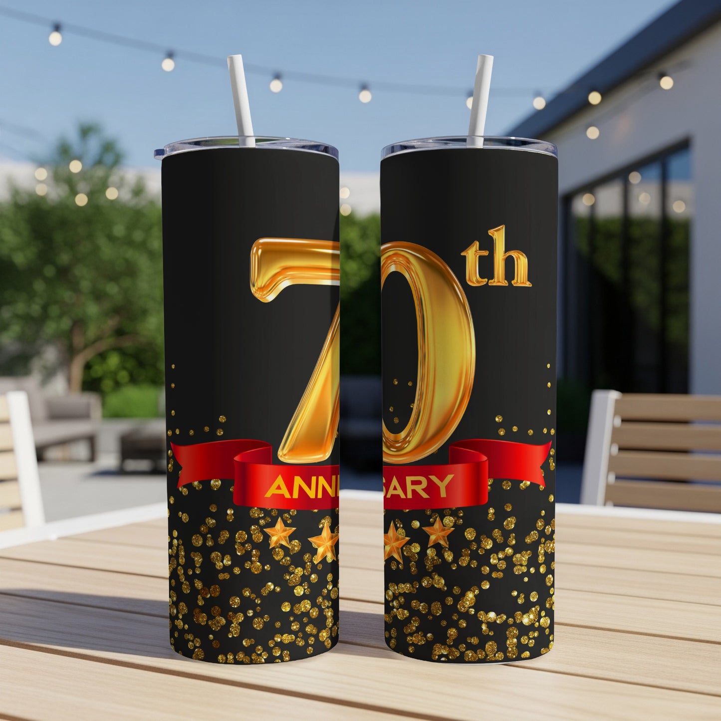 Gold "70th Anniversary" text on a black tumbler with gold confetti.
